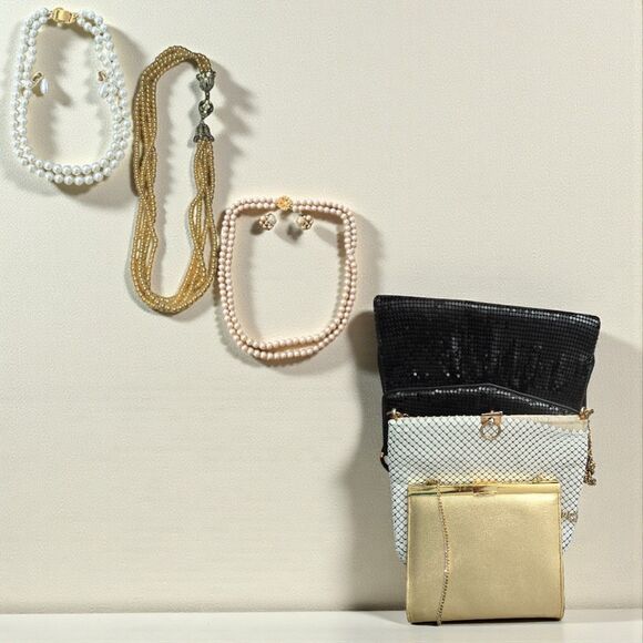 BUNDLE! Final Offer! Vintage Imitation Pearls, Earrings & 2 Whiting & Davis Bags - Picture 1 of 6
